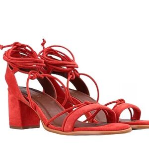 Red Suede Lace-Up Block Heel Sandals